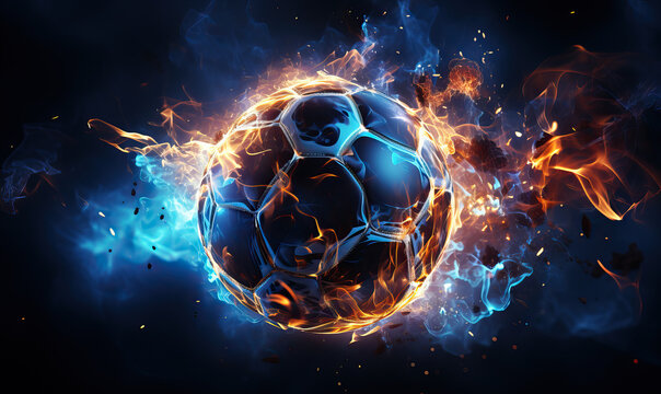 Burning soccer ball on a dark abstract background.