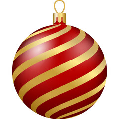 Christmas and New Year decor. Gold and red glass stripes ornament ball. 3d realistic png illustration.
