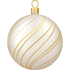 Christmas and New Year decor. Gold and white glass stripes ornament ball. 3d realistic png illustration.