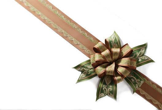 green ribbon and bow with gold led diagonally through the image  isolated against transparent background