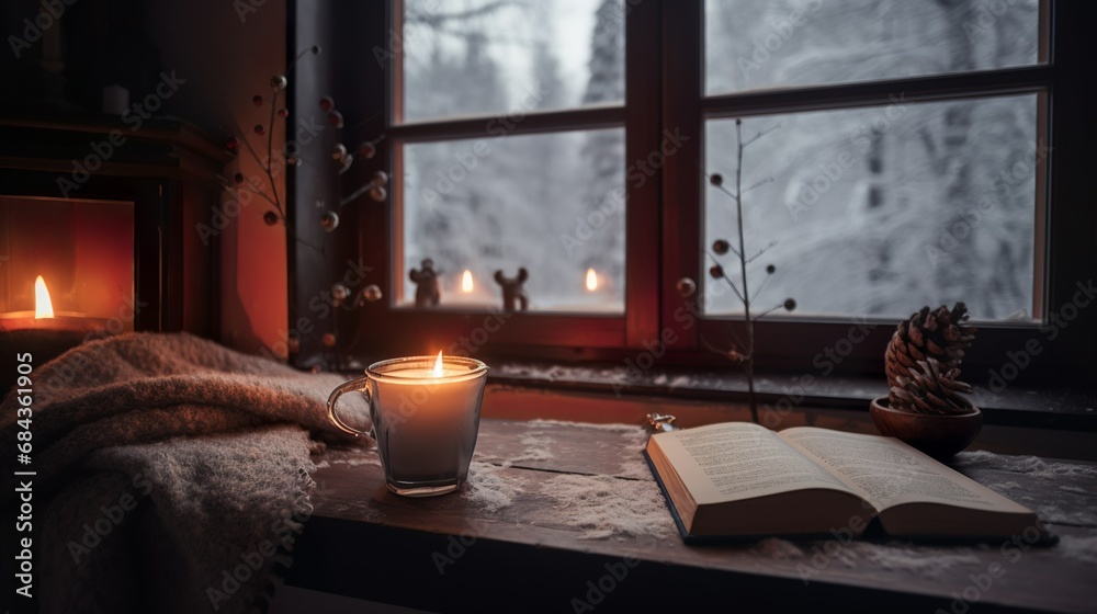 Wall mural Cozy winter still life about a study table with book, candle and a mug, snowy weather outside 