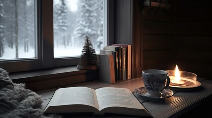 Atmospheric still life with a book, candle and a cup of coffee by the window in winter  - obrazy, fototapety, plakaty