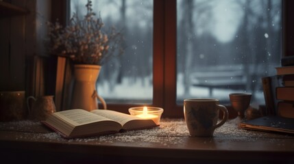 Cozy reading corner with soft blanket, candles and a cup of coffee