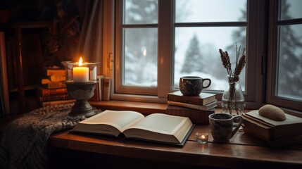Atmospheric still life with a book, candle and a cup of coffee by the window in winter 