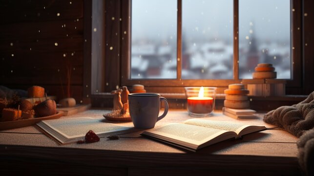 Cozy winter still life about a study table with book, candle and a mug, snowy weather outside 