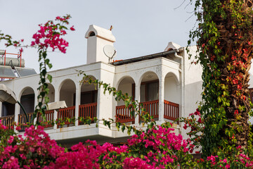 White cottage on a background of pink flowers. Focus on the house