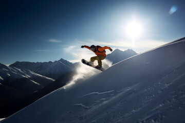 Naklejka na ściany i meble Snowboarder on the top of mountain. Snowboarding season