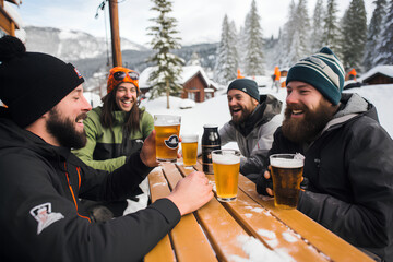 Group of friends having fun in ski resort in winter. Friends drinking beer at snow bar - obrazy, fototapety, plakaty