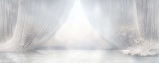 Elegant sheer curtains and flowers with soft white light - obrazy, fototapety, plakaty