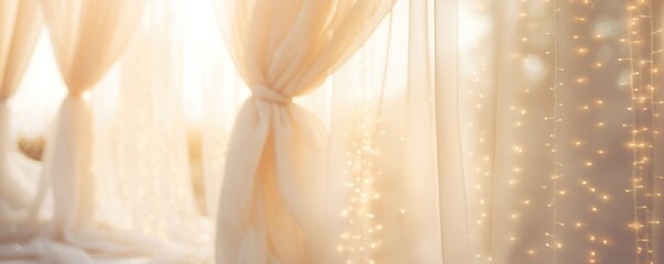 Elegant sheer white curtains and fairy lights with soft golden light