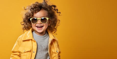Girl with sunglasses posing at camera. On yellow background.