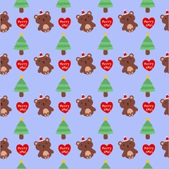 christmas pattern, background brown bears, Christmas trees and hearts.