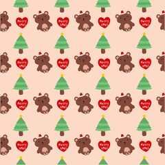 christmas pattern, background brown bears, Christmas trees and hearts.