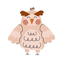 Cartoon owl in doodle style. Vector illustration of a forest owl in flat style. Hand drawn owl.