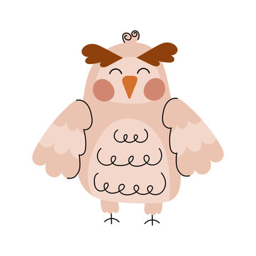 Cartoon owl in doodle style. Vector illustration of a forest owl in flat style. Hand drawn owl.