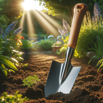 A photo of a long-handled spade with a reinforced steel blade, placed in a garden setting, highlighting its durability for heavy-duty gardening