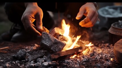 Cooking Delicacies Over a Roaring Flame: Close-up of a Person Preparing Tasty Meals on a Fire