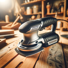 A photo of an electric sander with a modern design, placed on a wooden workbench, showcasing its ergonomic shape and efficiency