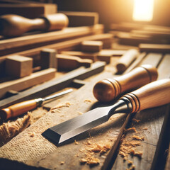 A photo of a chisel with a wooden handle, placed on a workbench, emphasizing its sharp blade and fine craftsmanship, ideal for woodworking - obrazy, fototapety, plakaty