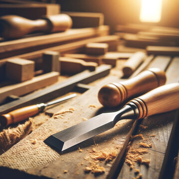 A photo of a chisel with a wooden handle, placed on a workbench, emphasizing its sharp blade and fine craftsmanship, ideal for woodworking