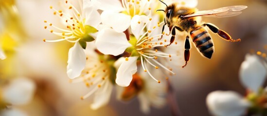 Bee seeks nectar in small bloom. - obrazy, fototapety, plakaty