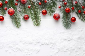 The concept of Christmas. Christmas background with fir branches, red balls and snow on white wooden table