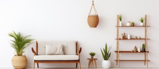 Boho-inspired minimalist interior with macrame shelf planter hanger, wooden desk, armchair, bamboo shelf, and stylish accessories. Chic home decor.