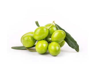 Green fresh olives on the white background