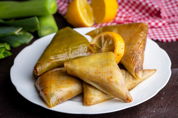 A delicious gourmet meal from traditional Turkish cuisine; Stuffed leek (Turkish name; Pirasa dolmasi, muska shaped pirasa)