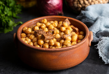 Traditional delicious Turkish foods; Turkish Food Chickpeas with Meat. Turkish name; Etli nohut