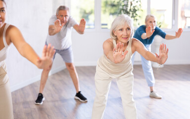 Fototapeta premium Positive sporty elderly woman warming up with group of adults in dance class, doing stretching exercises before training