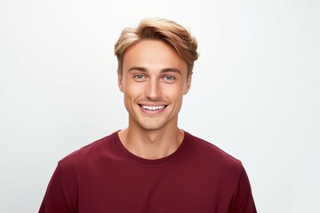 Young Attractive Fictional Swedish Model Portrait. Handsome Man with Blond Hair and Blue Eyes in Casual Shirt Smiling Isolated on a Plain White Background. Generative AI.
