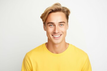 Young Attractive Fictional Swedish Model Portrait. Handsome Man with Blond Hair and Blue Eyes in Casual Shirt Smiling Isolated on a Plain White Background. Generative AI.