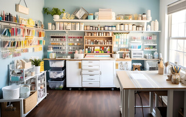A craft room with a sewing machine, filled with a variety of accessories and supplies for DIY, decorating gifts and sewing - Powered by Adobe