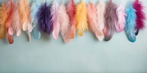 Brightly colored feathers dangle, creating a whimsical decoration against a soft, pastel-colored wall