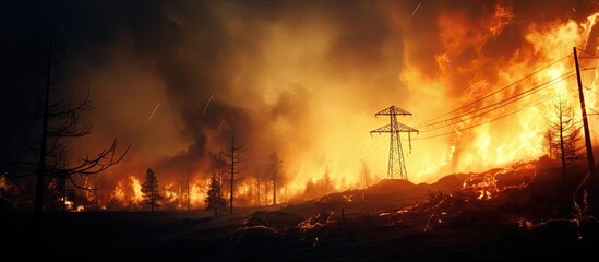 Fototapeta na wymiar Dangerous wildfire near power source.