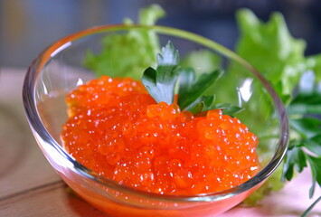 Orange Keta Chum salmon caviar in tin on crushed ice with mother of pearl spoon and toasted bread on light napkin