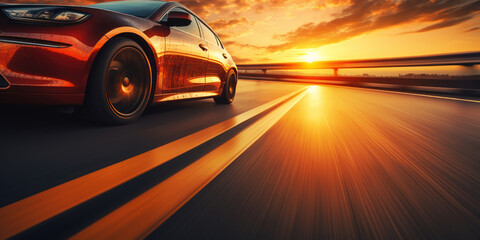 The dynamic scene of a car speeding along a highway, set against the backdrop of a fiery sunset
