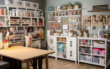 Craft room filled with lots of paper, accessories and supplies for decorating gifts