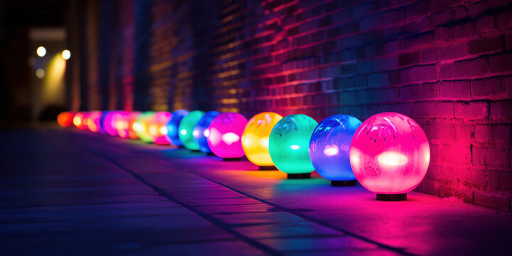 row of colorful bowling balls on a lane, contrasting with the vibrant neon lights of the alley