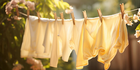 Laundry sways gently on a clothesline, bathed in the warm, golden sunshine of a backyard