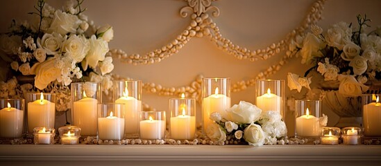 Candles for wedding displayed on mantel.