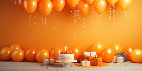 vibrant orange birthday cake and balloons set against the backdrop of a joyous, colorfully decorated party room