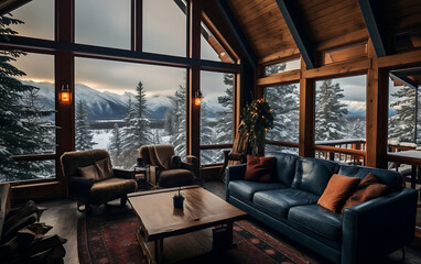 Cozy living room with sofa and panoramic window overlooking the winter mountains and forest