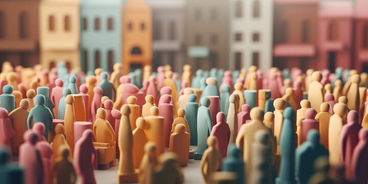 Vividly painted wooden figures of people grouped in a lively community scene