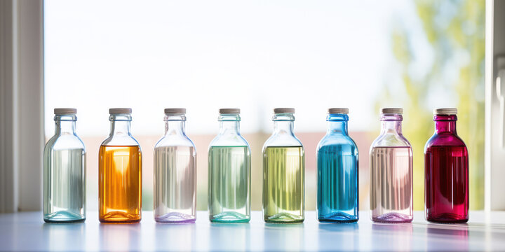 An array of colorful bottles on a sleek, modern kitchen counter, with natural light streaming in