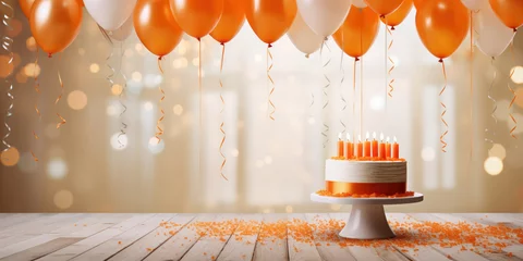 Fotobehang vibrant orange birthday cake and balloons set against the backdrop of a joyous, colorfully decorated party room © Malika