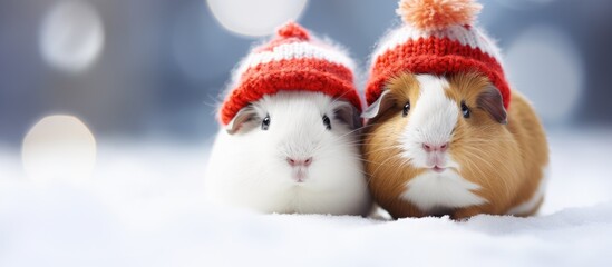 Cute guinea pig wearing a knitted hat with funny winter snowman - obrazy, fototapety, plakaty