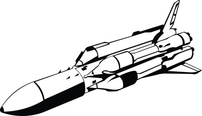 Cartoon Black and White Isolated Illustration Vector Of A Spaceship Rocket with Space Shuttle On - obrazy, fototapety, plakaty