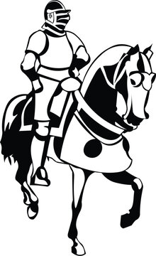 Cartoon Black and White Isolated Illustration Vector Of A Knight in Suit of Armor Riding on A Horse